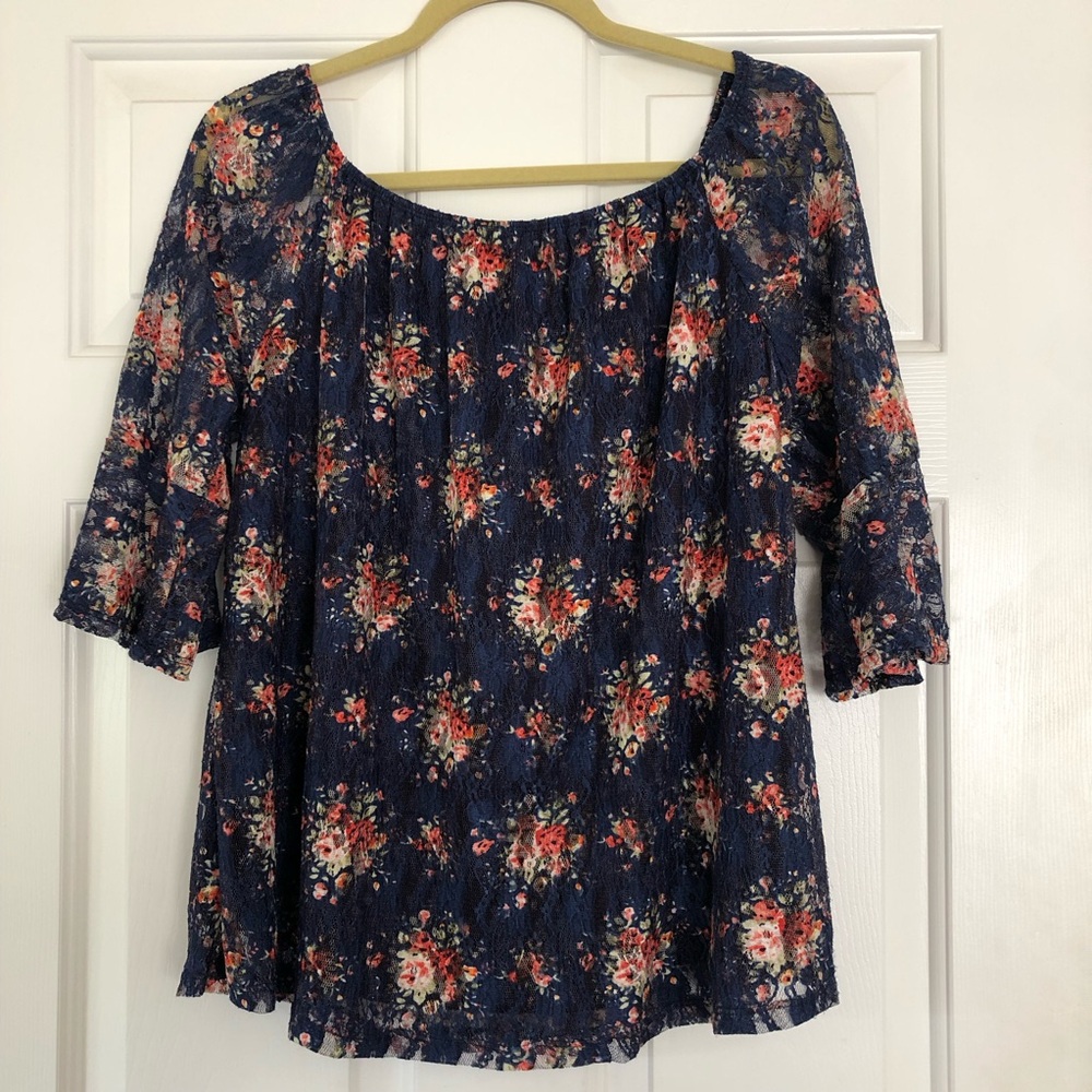 Womens Exclusive One Blouse Top Navy Blue Flower Print Scoop Neck Lace Size XL